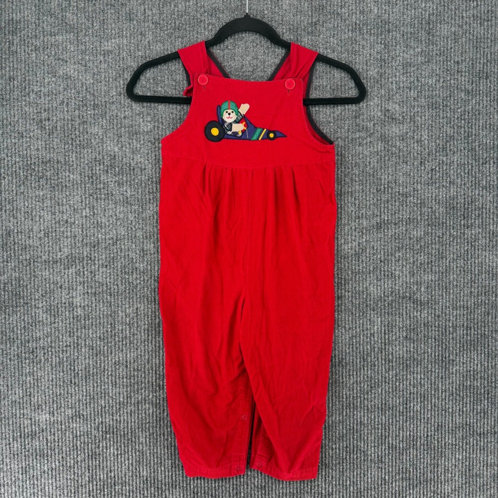 Vintage toddler corduroy bib overalls 4T teddy bear race car applique dungarees